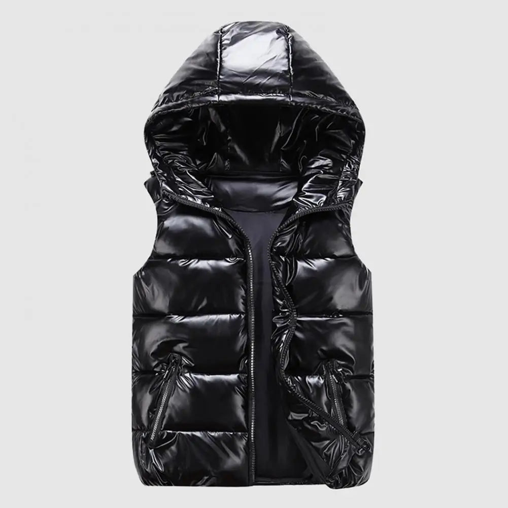 Men Cotton Vest Autumn Winter Hooded Sleeveless Zipper Placket Jacket With Pockets Solid Glossy Finish Down Quilted Vest Coat