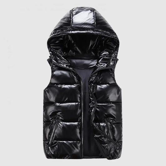 Men Cotton Vest Autumn Winter Hooded Sleeveless Zipper Placket Jacket With Pockets Solid Glossy Finish Down Quilted Vest Coat