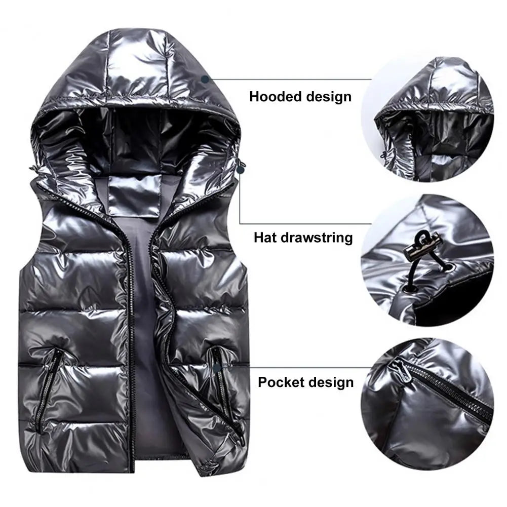 Men Cotton Vest Autumn Winter Hooded Sleeveless Zipper Placket Jacket With Pockets Solid Glossy Finish Down Quilted Vest Coat