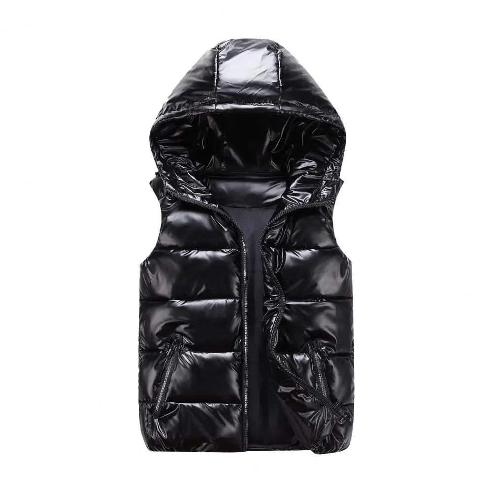 Men Cotton Vest Autumn Winter Hooded Sleeveless Zipper Placket Jacket With Pockets Solid Glossy Finish Down Quilted Vest Coat