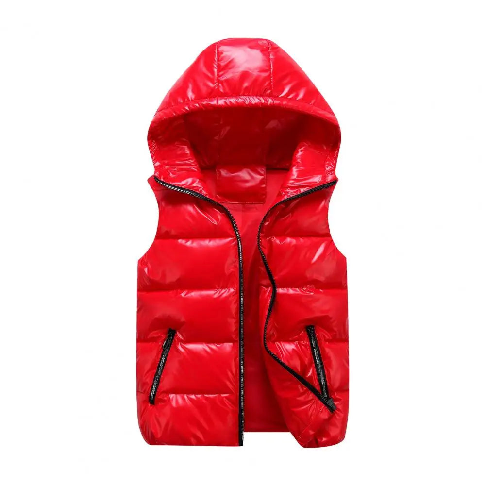 Men Cotton Vest Autumn Winter Hooded Sleeveless Zipper Placket Jacket With Pockets Solid Glossy Finish Down Quilted Vest Coat