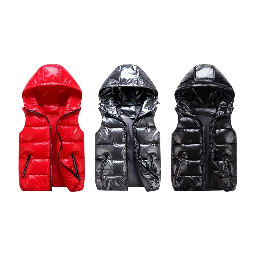 Men Cotton Vest Autumn Winter Hooded Sleeveless Zipper Placket Jacket With Pockets Solid Glossy Finish Down Quilted Vest Coat