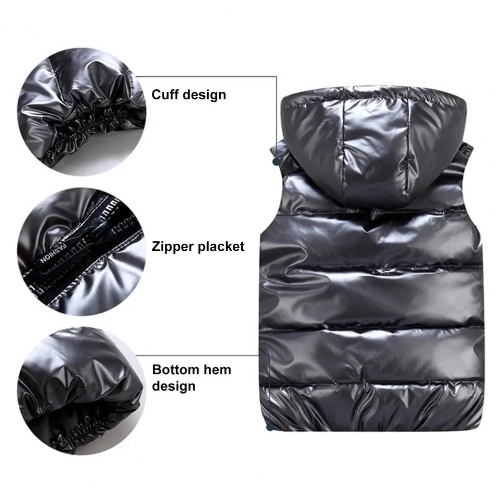 Men Cotton Vest Autumn Winter Hooded Sleeveless Zipper Placket Jacket With Pockets Solid Glossy Finish Down Quilted Vest Coat