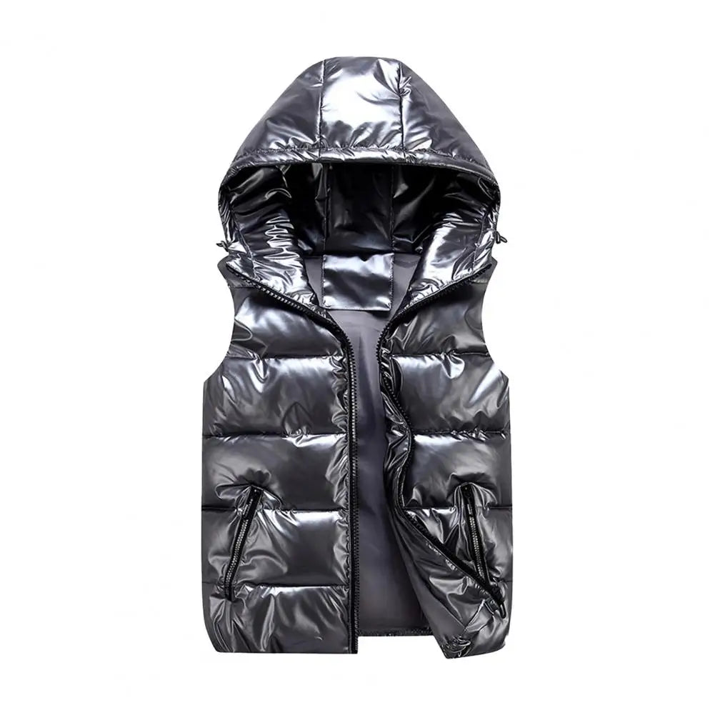 Men Cotton Vest Autumn Winter Hooded Sleeveless Zipper Placket Jacket With Pockets Solid Glossy Finish Down Quilted Vest Coat