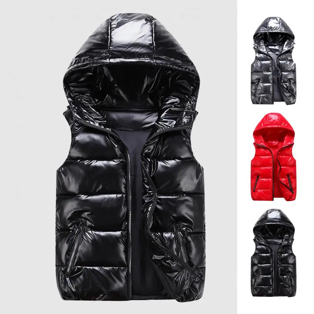 Men Cotton Vest Autumn Winter Hooded Sleeveless Zipper Placket Jacket With Pockets Solid Glossy Finish Down Quilted Vest Coat